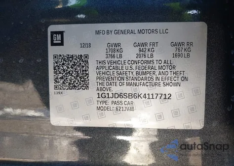 2019 Chevrolet Sonic Lt Auto из США, поврежденный, VIN 1G1JD6SB6K4117712